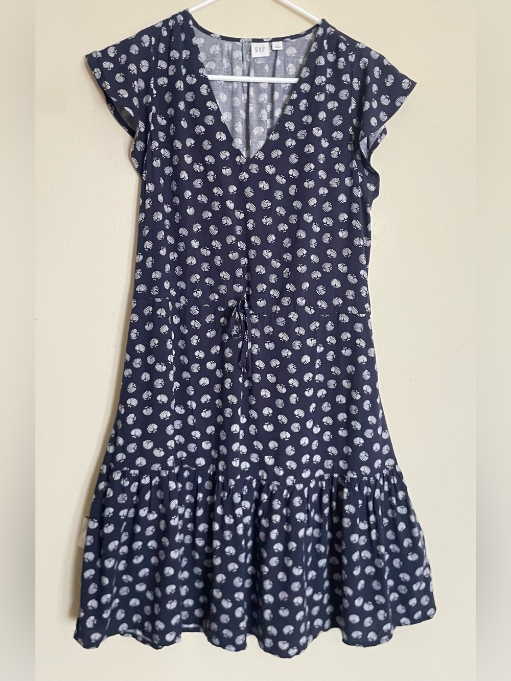 Gap Navy Blue Shell Print Short Sleeve Tie Waist Dress